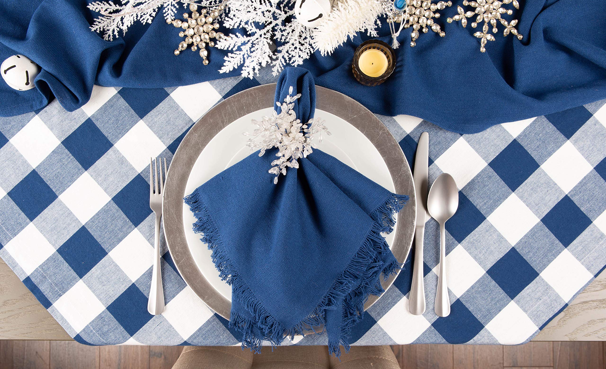 Dii Buffalo Check Collection, Classic Farmhouse Tablecloth, Table Topper, 40X40, Navy & Cream